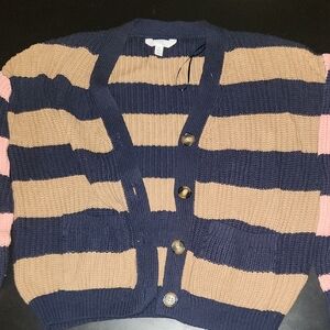 Navy and Tan Striped Classic Buttonup Small Casual Cardigan Sweater